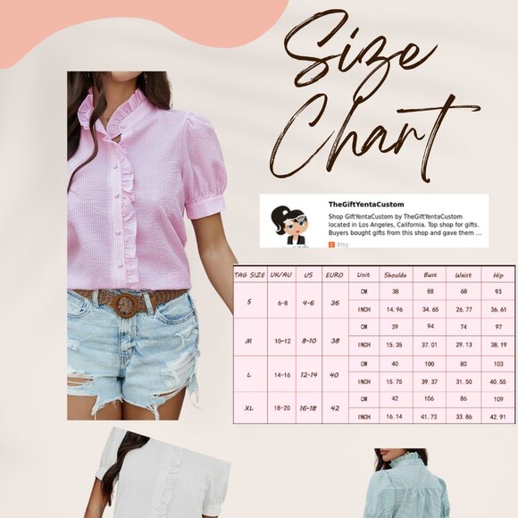 Pink Striped Shirt Button Down Puff Sleeve Blouse Ruffle Trim On Front & Collar - Picture 4 of 4